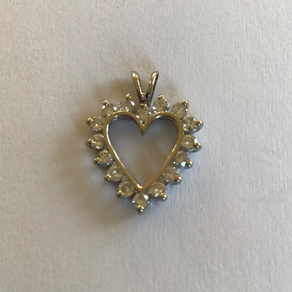 Vintage 14k White Gold Diamond Heart Pendant 3/4"